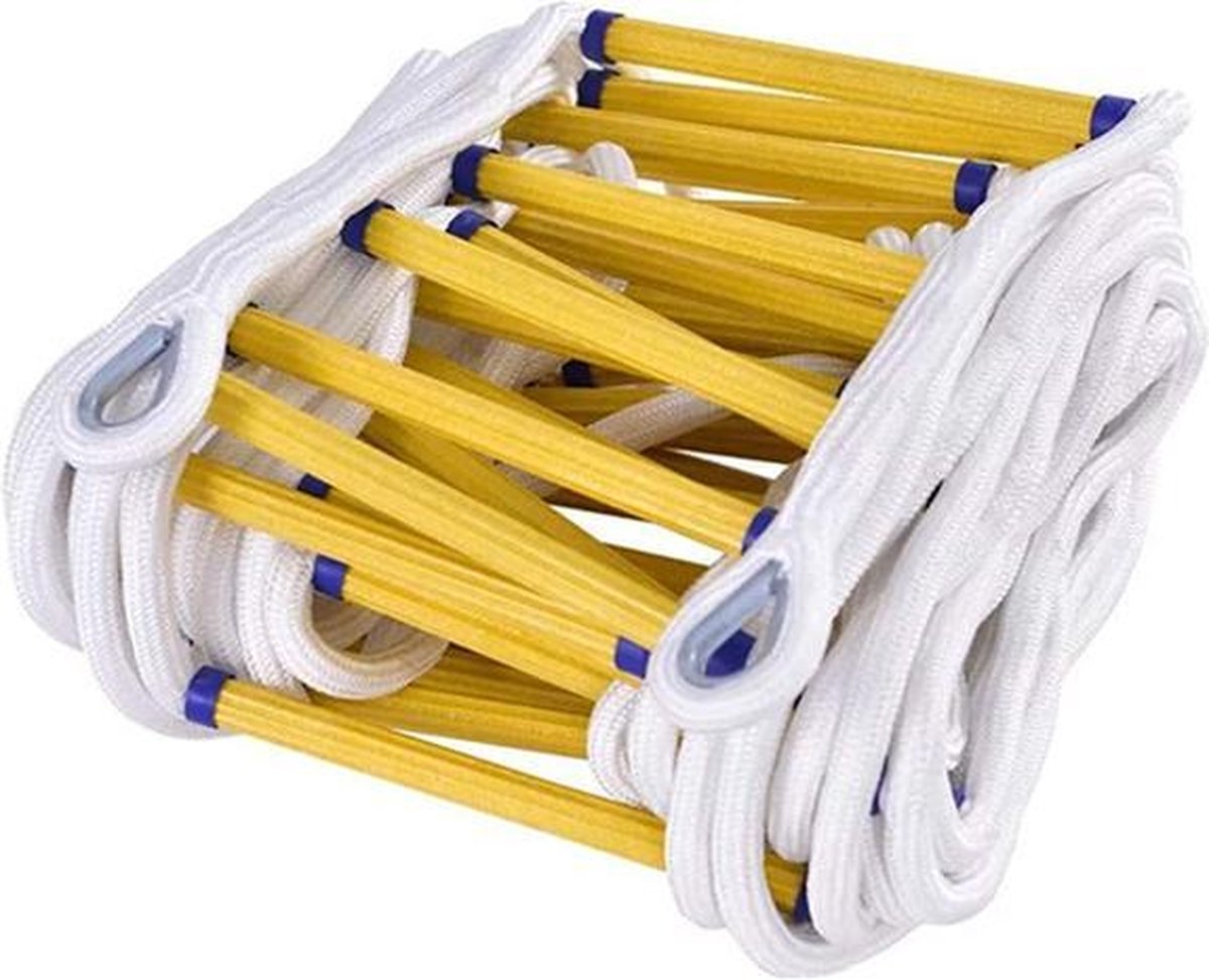 Een touwladder met gele sporten die gebruikt kan worden in het geval van nood