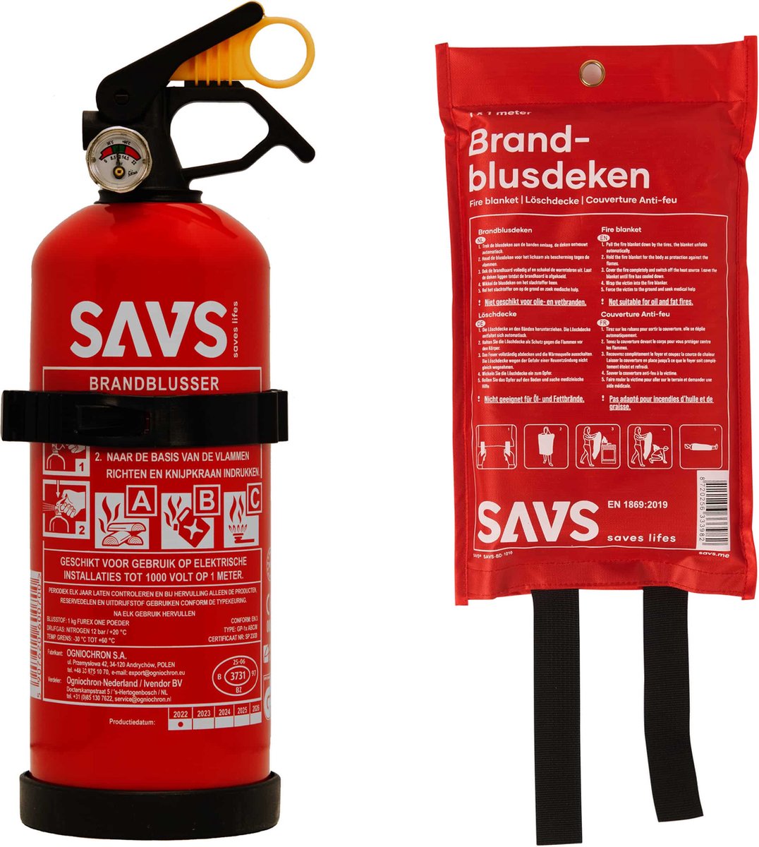 Een rode brandblusser en branddeken van SAV's