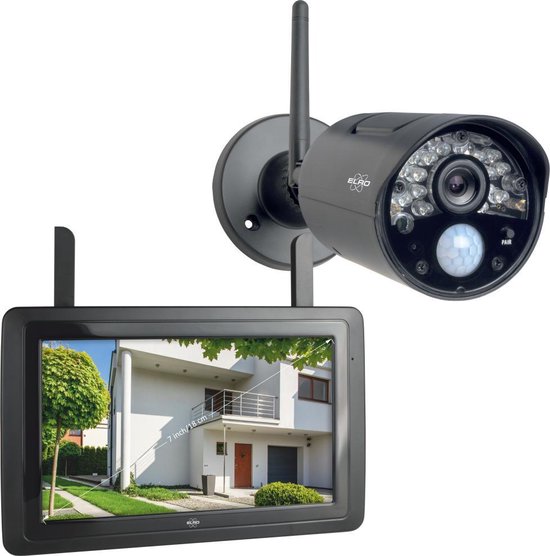 Een beveiligingscamera van Elro een een monitor waar het beeld van een huis op staat