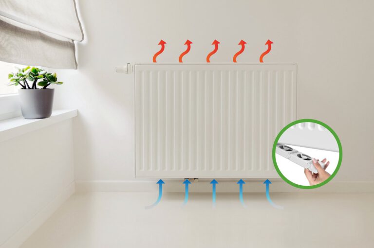 Een witte radiator met warmtepijltjes omhoog omdat er een radiatorventilator onder is geplaatst.